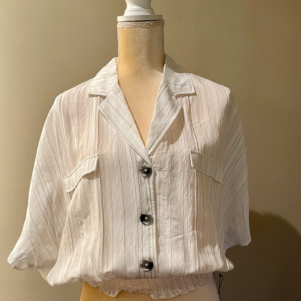 Laundry by Shelli Segal Pinstripe Button Down Elasticized Waist Blouse Size XL